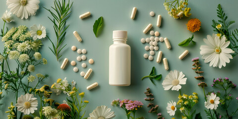Herbal Supplements and Flowers on Pastel Background - obrazy, fototapety, plakaty
