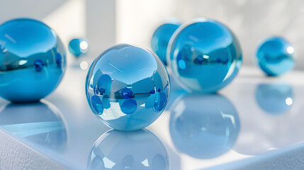 a group of blue glass balls sitting on top of a white table next to each other on top of a white table with a reflection of the glass ball in the middle of the middle.