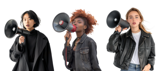 Strong feminist activist women of different ethnicities using megaphones posing over isolated transparent background