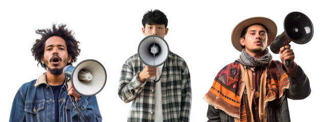 African American man, Asian man and Latin man using megaphone for activism purposes. Isolated over white transparent background