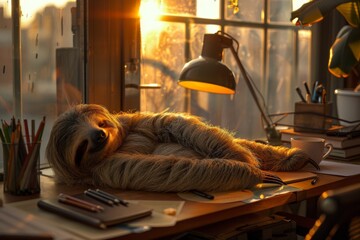 Fototapeta premium Lazy Sloth Lounging in Cozy Home Office at Sunset