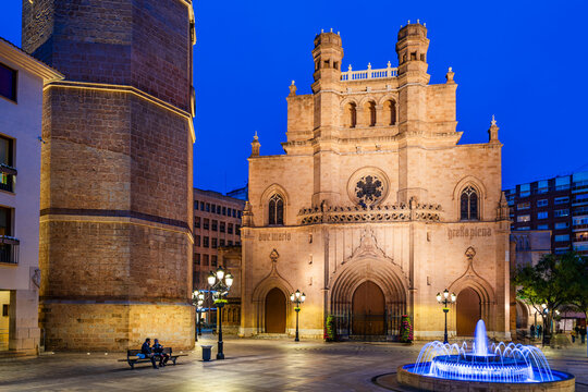 The gothic cathedral of Castellon at twilight; Cathedral of Saint Mary in Castellon de la Plana, Valencia region, Spain