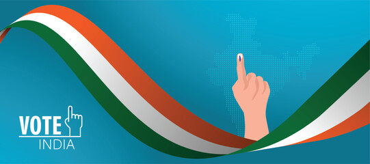 hand with with voting sign on dotted map vote India Indian flag ribbon vector poster  - obrazy, fototapety, plakaty