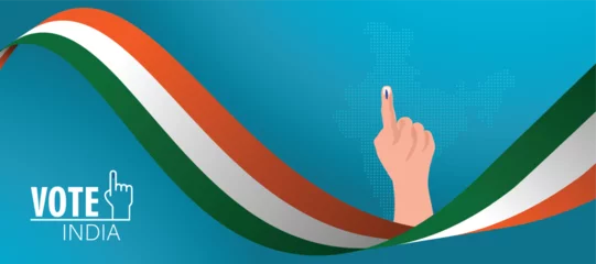 Fotobehang hand with with voting sign on dotted map vote India Indian flag ribbon vector poster  © ArtDown