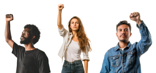 Collection of African American man, Caucasian woman and Latin man rising their fist and arms up to proclaim for their rights and justice. Isolates over white transparent background