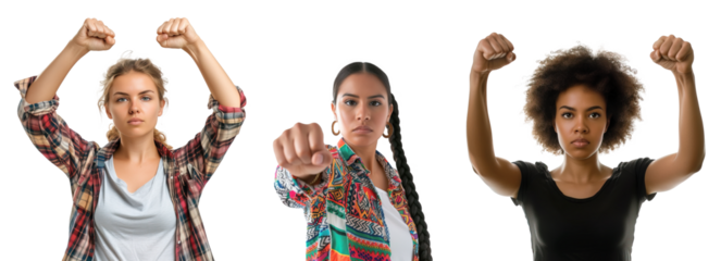 Powerful strong women of different ethnicities posing with arms and hand fist rising over isolated transparent background
