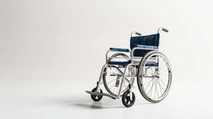 Fototapeta na wymiar Empty blue wheelchair on a white background, symbolizing accessibility and mobility for individuals with disabilities.