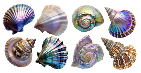 Holographic magical mollusk shells over white transparent background