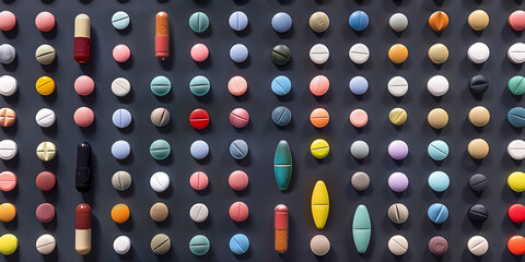 Assorted colorful pills and capsules on black.