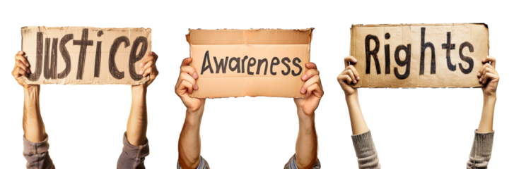 Three signs for activism with people holding claiming for justice, awareness and rights. Isolated over white transparent background