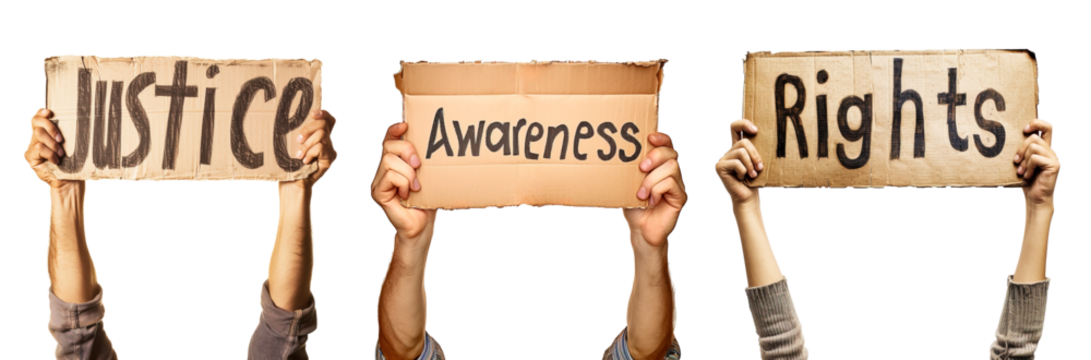 Three signs for activism with people holding claiming for justice, awareness and rights. Isolated over white transparent background