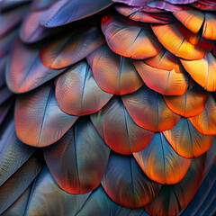 A photorealistic closeup of a phoenix feather showcasing the intricate details of its iridescent colors and fiery texture