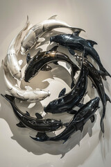 A school of fish swimming in a circular formation half silver and half black representing the balance of movement and unity