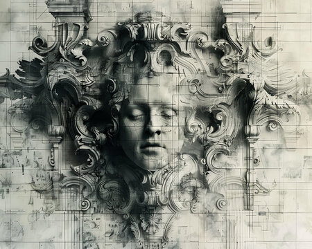 Blueprints for an aweinspiring yet morally questionable structure Demonic imagery subtly woven into architectural details with the clients face obscured