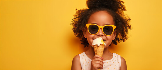 portrait of girl eating ice cream on color background, generative ai