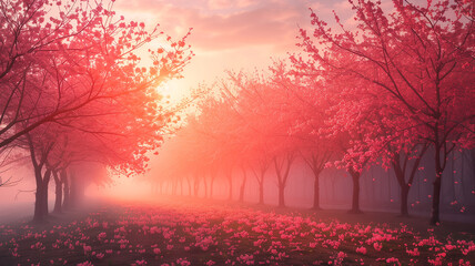 Sakura Splendor: Spring illustration captures cherry blossom trees in full bloom.