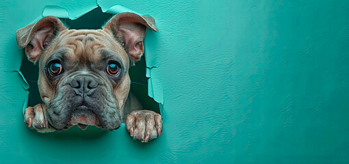 Banner with english bulldog  head peeking through a hole in a turquoise paper wall.