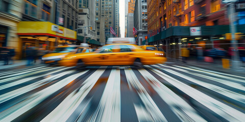Blurred motion of a yellow taxi in a busy city street.
