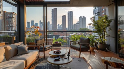 Modern Apartment Condominium: Living Room and Balcony Terrace