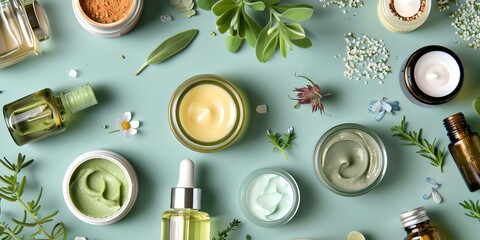 Focus on Natural Skincare Products: Closeup of Creams, Lotions, and Serums Featuring Clary Sage Oil. Concept Natural Skincare Products, Closeup Photography, Creams and Lotions, Serums, Clary Sage Oil