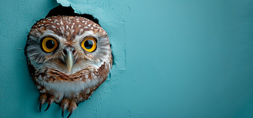 Banner with owl head peeking through a hole in a blue paper wall. - obrazy, fototapety, plakaty