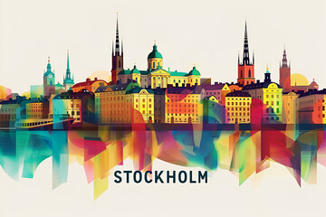 Fototapeta premium Abstract colourful travel poster city skyline Stockholm, Sweden. Digital art painting illustration