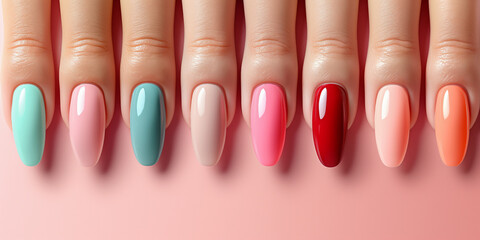 Female fingers with different samples manicure in pastel colors on pink background.