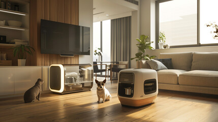 modern living room with sofa led and cat mini house