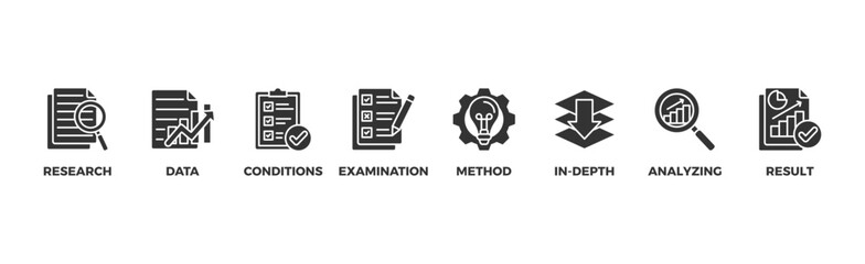 Case study banner web icon illustration concept with icon of research, data, conditions, examination, method, in-depth, analyzing, and result
