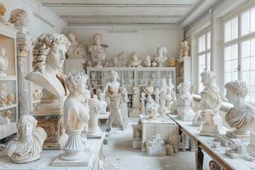 
Una gran sala utilizada como laboratorio de artistas, llena de esculturas: columnas de mármol, bustos, grandes animales - obrazy, fototapety, plakaty