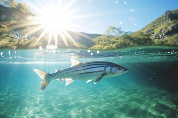 Fish swimming in crystal-clear mountain river. View from the water. Sunset
