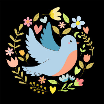 Spring vector illustration in vintage style of a cute bird in a circle of flowers and hearts, print for stickers, cards, invitations, t-shirt, on a black background