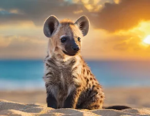 Poster hiena bonito do bebê sentado na praia de areia ao pôr do sol © Adornadas