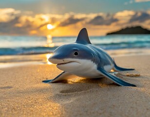 tubarão bonito do bebê sentado na praia de areia ao pôr do sol