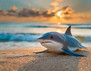 tubarão bonito do bebê sentado na praia de areia ao pôr do sol