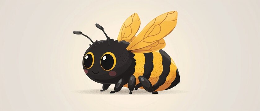 Little bee, cute vector icon, simple digital drawing, black and yellow stripes, tiny wings, friendly face