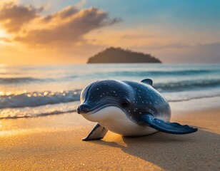 baleia golfinho bonito do bebê sentado na praia de areia ao pôr do sol - obrazy, fototapety, plakaty