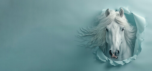 Banner with white horse head peeking through a hole in a blue paper wall.