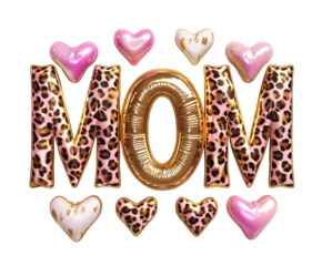 Word Mom is made of colorful inflatable balloon letters with pink and white balloons isolated on a transparent background, png cutout. Helium balloons form the word mom. Mother's Day concept