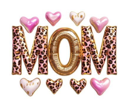 Word Mom is made of colorful inflatable balloon letters with pink and white balloons isolated on a transparent background, png cutout. Helium balloons form the word mom. Mother's Day concept