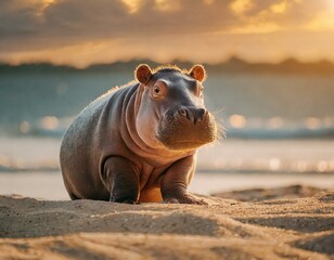 hipopótamo bonito do bebê sentado na praia de areia ao pôr do sol - obrazy, fototapety, plakaty