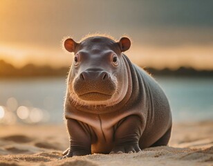 hipopótamo bonito do bebê sentado na praia de areia ao pôr do sol - obrazy, fototapety, plakaty