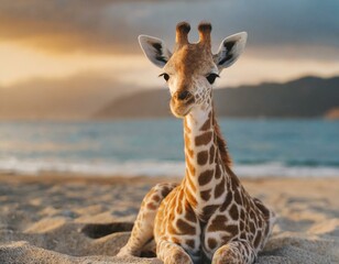 girafa bonito do bebê sentado na praia de areia ao pôr do sol