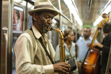 músico de jazz, cantante callejero tocando en un metro de New York