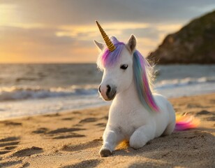 unicórnio bonito do bebê sentado na praia de areia ao pôr do sol - obrazy, fototapety, plakaty