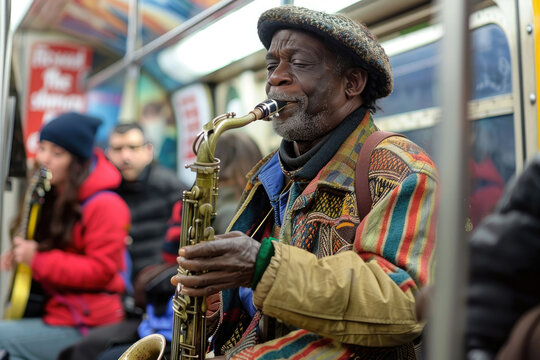 músico de jazz, cantante callejero tocando en un metro de New York