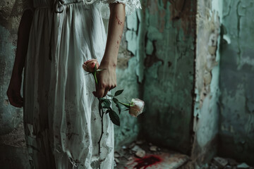 Mujer con una bata blanca antigua en una fábrica abandonada en el ocaso, con una rosa con espinas en la mano y en sus manos le chorrea sangre al suelo, oscuridad, horror, alto contraste