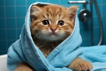 Adorable Kitten Enwrapped in a Soft Bath Towel, Enjoying Cozy Cuddles after a Refreshing Bath