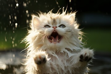 Cute and playful kitten enjoying a delightful time in the refreshing rain shower