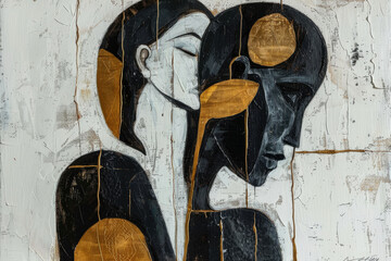 Una pintura abstracta de dos personas enamoradas, una sosteniendo a la otra con una mano en la cabeza, utilizando formas simples en blanco y negro con detalles en dorado sobre un fondo blanco.


